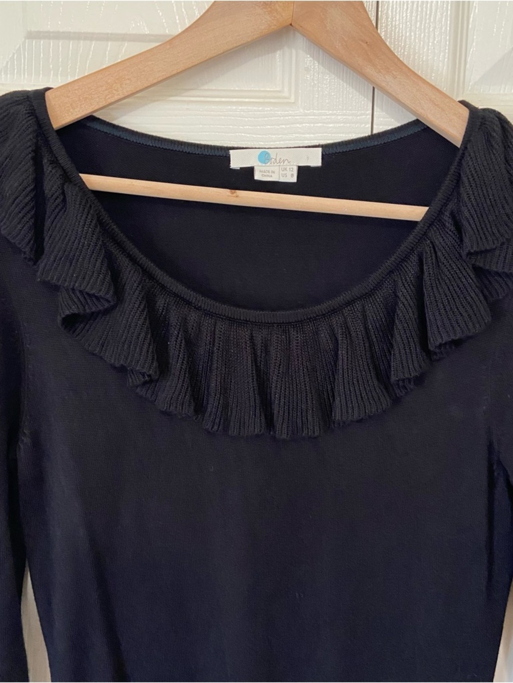 Boden Black Knit Classic Ruffle Long Sleeve Flare Midi Dress Size 8 - Picture 5 of 10